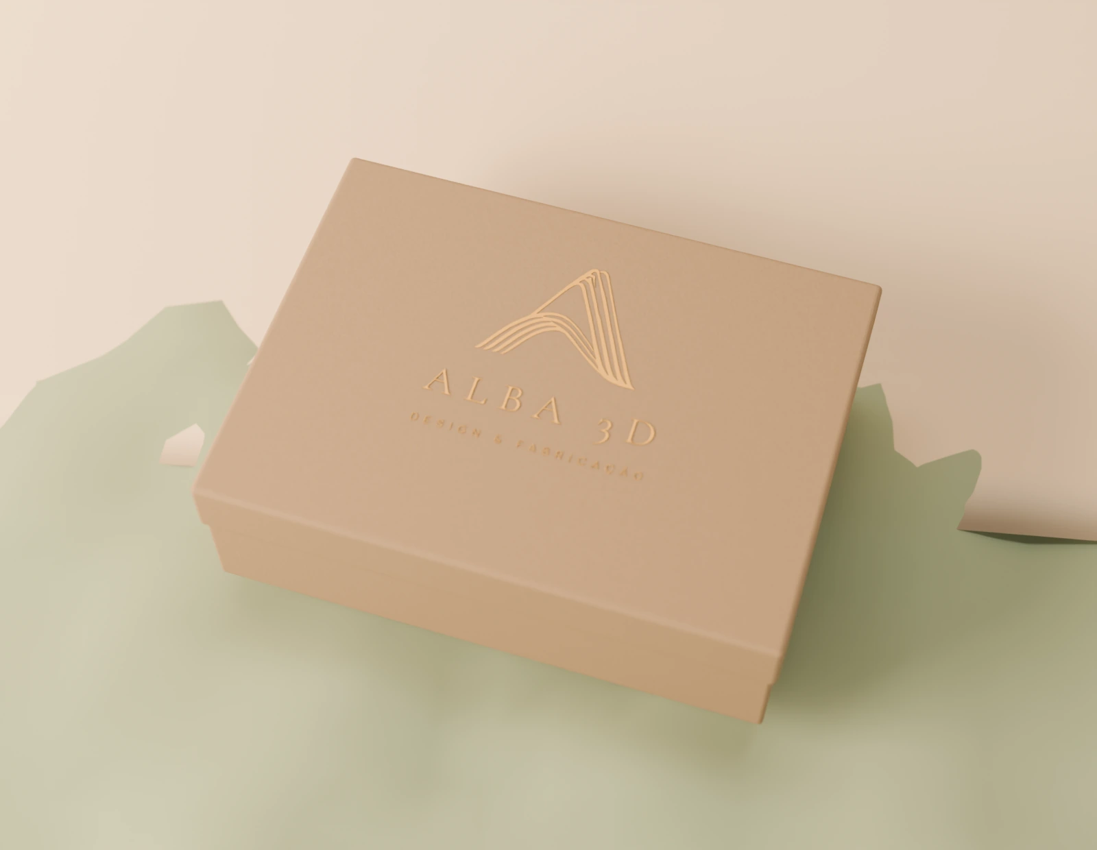Caixa kraft com a marca Alba 3D em dourado